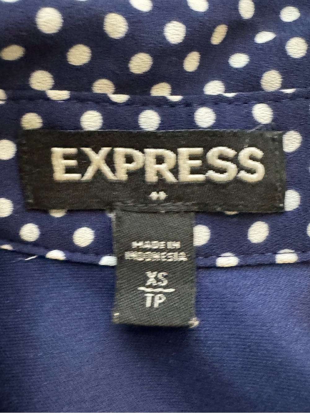 Express Sleeveless Shirt Dress Navy Blue White Polka Dot Belted Size XS Office - Picture 7 of 8